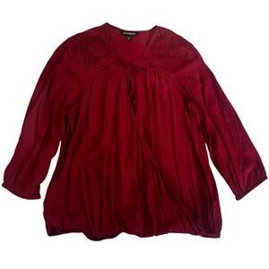 Express Burgandy Blouse Ruched Tie Front 3/4 Sleeve Top S